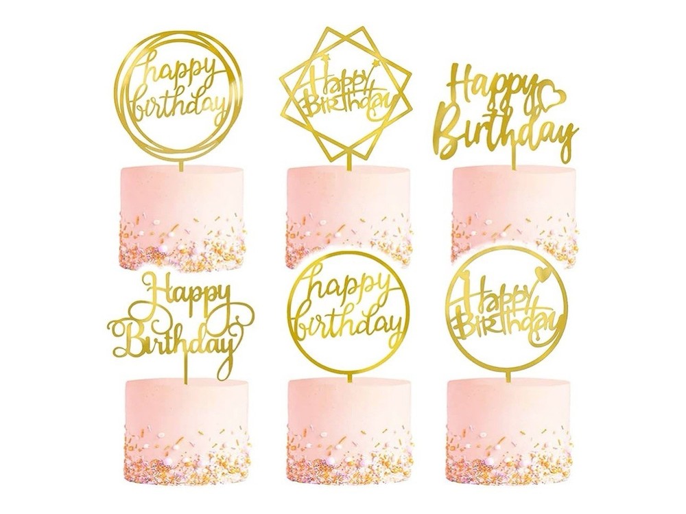 6-Pack Double-Sided Glitter Acrylic Happy Birthday Cake Toppers in Gold