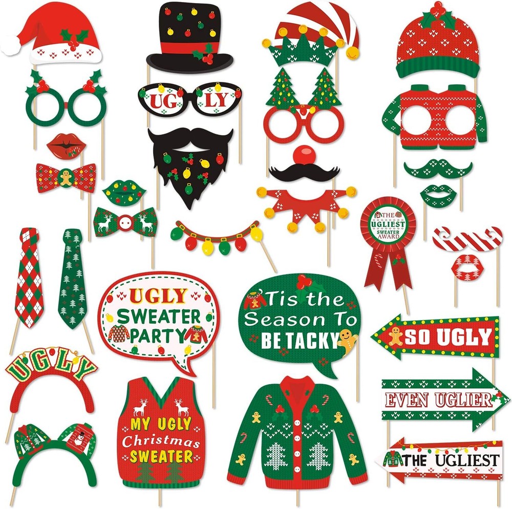 Bessmoso 32 PCS Ugly Christmas Sweater Party Photo Booth Props Tacky Assorted