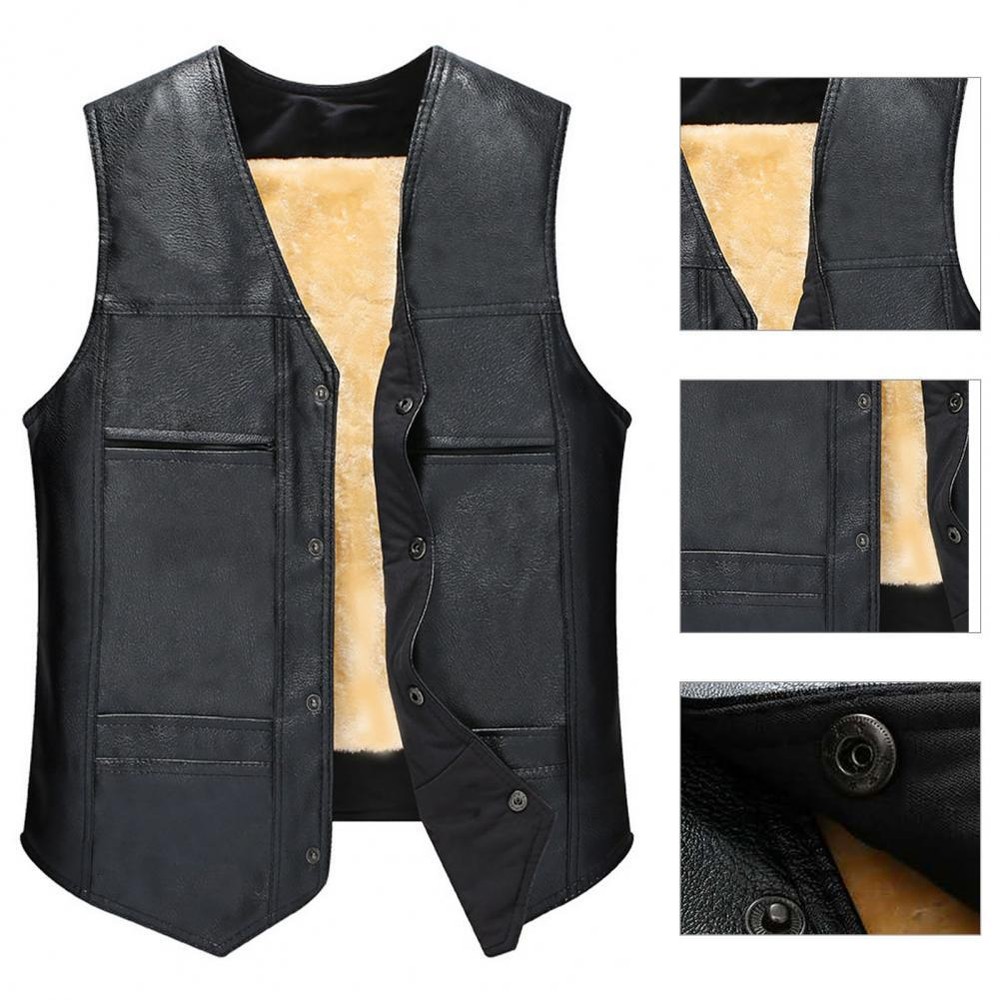 Men's Leather Vest PU Motorcycle Biker Vest Fleece Winter Warm Undershirt Tops