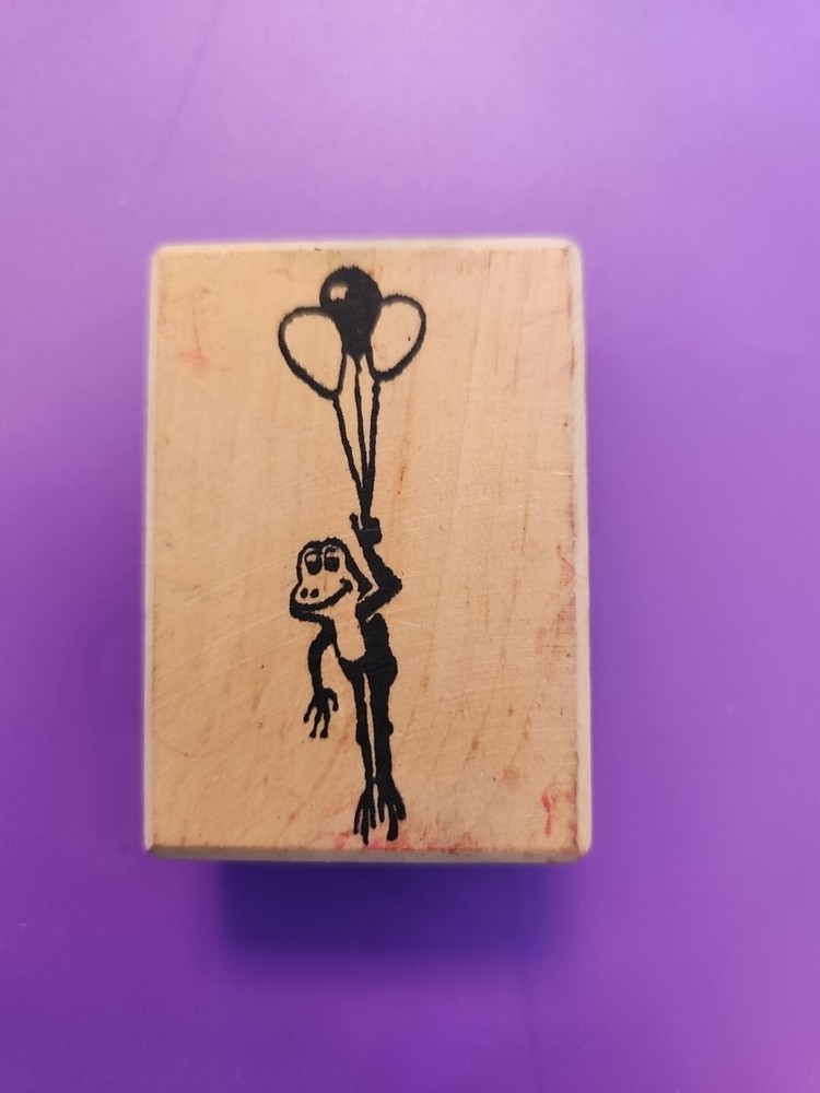 1983 Abracadada Frog with Balloons VINTAGE RARE Rubber Stamp wood base-image