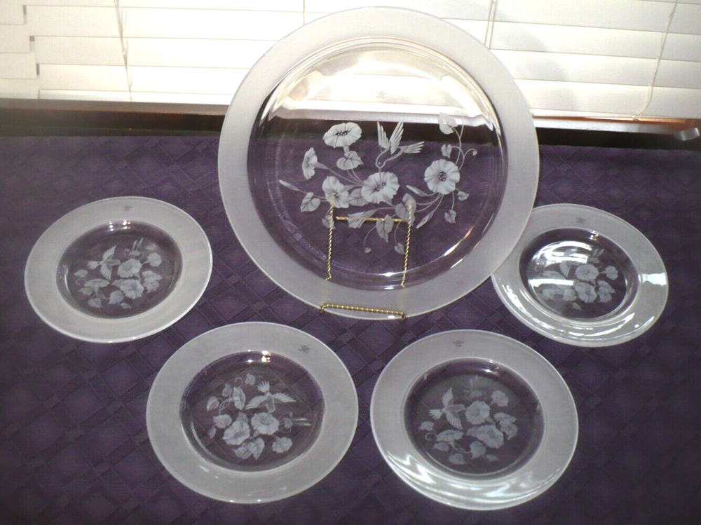 Avon Hummingbird Crystal PLATTER SALAD PLATES 5 PC NEW