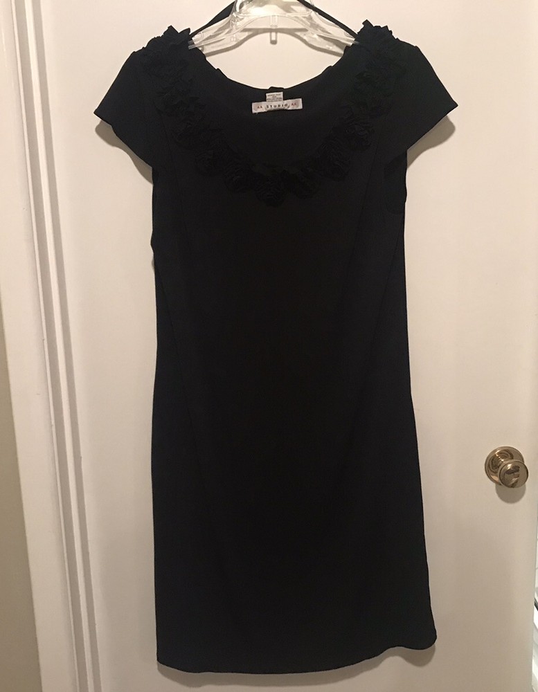 AA Studio Black Cap Sleeve Slip-On Dress with Ruffle Flower Neck in Size 14 Style E91-image