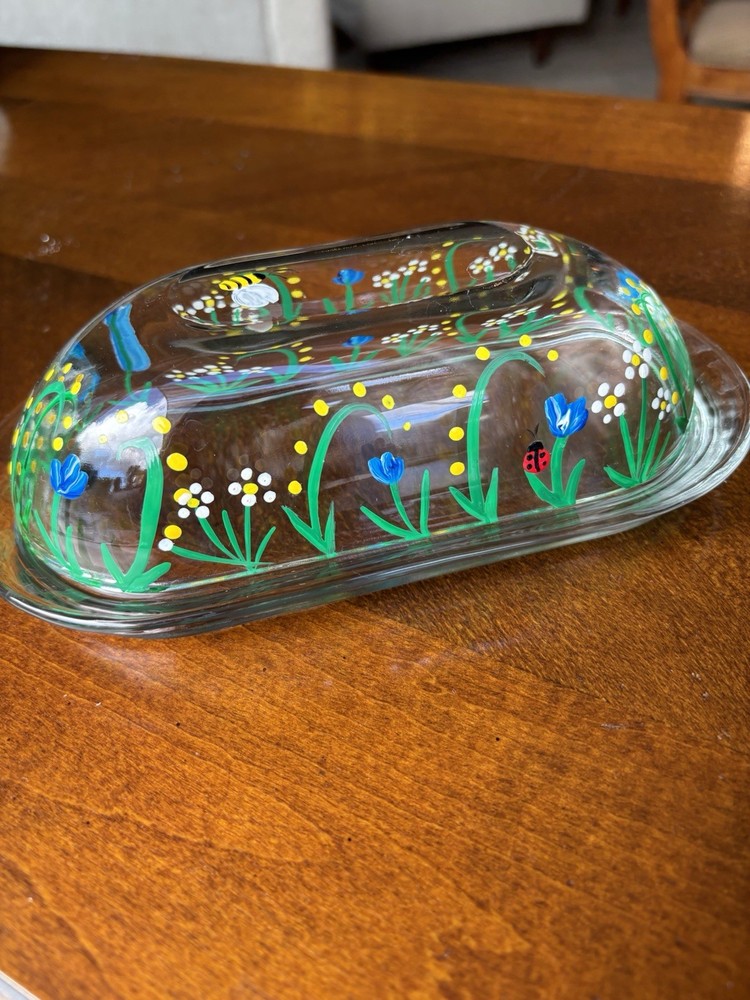 Butter Dish Glass Hand Painted Bees, Ladybugs & Flowers - Lovely