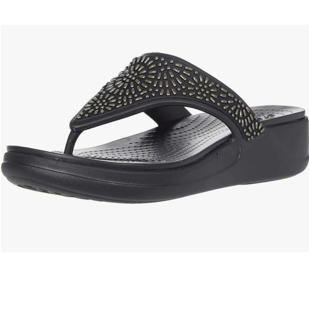 Women’s Crocs Monterey Diamanté Beaded Black Platform Flip Flop size 9