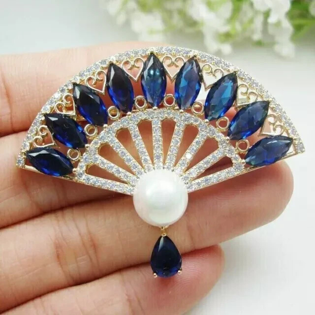 2Ct Marquise Blue Sapphire Fan Brooch Pin in 14K Yellow Gold Plate