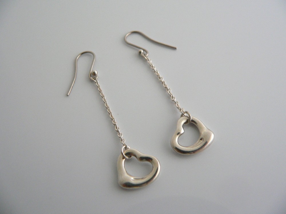 Tiffany & Co Silver Peretti Open Heart Dangle Dangling Earrings Love Gift Hearts