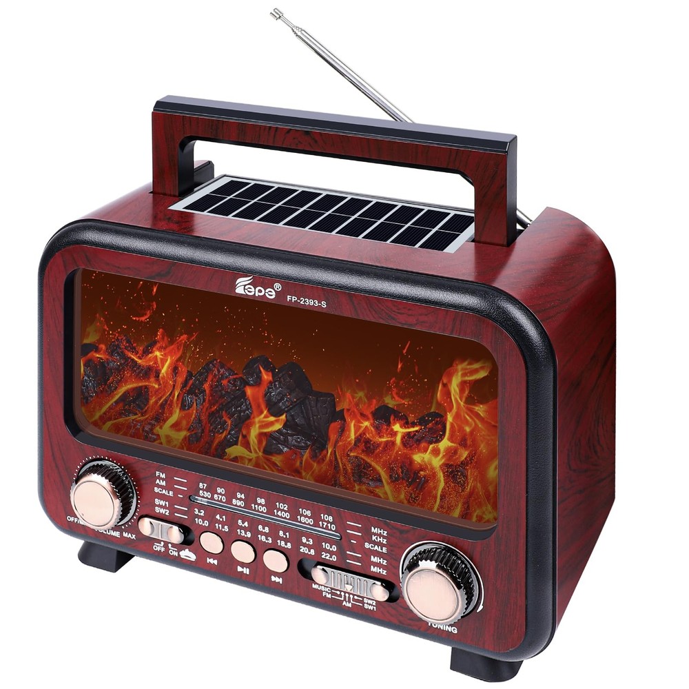 Retro Portable AM FM SW Shortwave Radio with Bluetooth Speaker and Flame Design