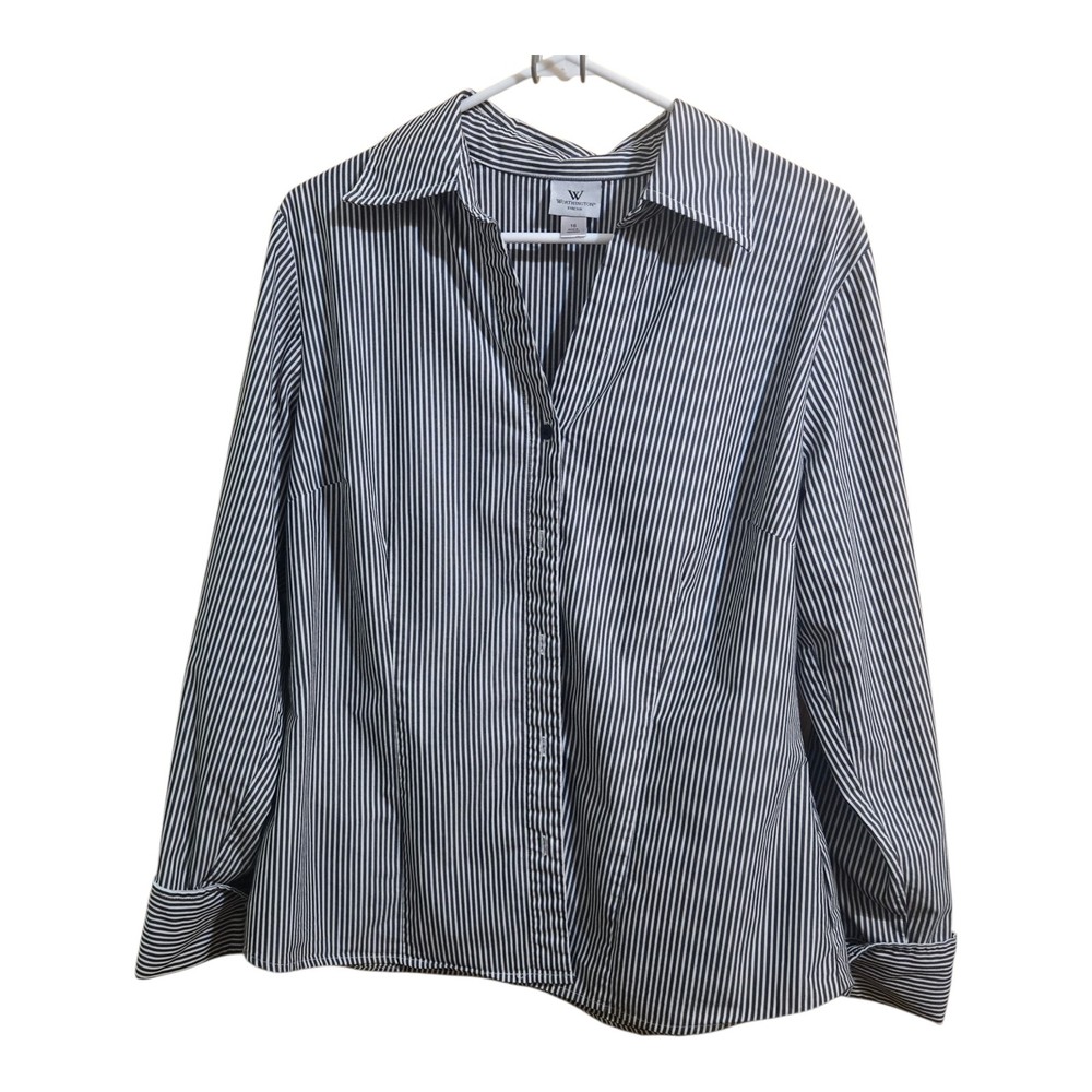 Worthington Button Stripe Blouse Plus 16 Long Sleeve French Cuff Collar V-neck