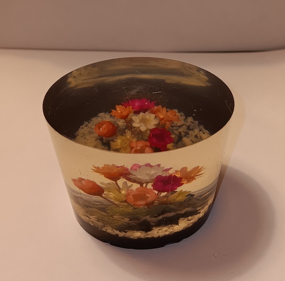 Vintage MCM Pink, Red & White Flowers Acrylic Resin Paperweight 2.5