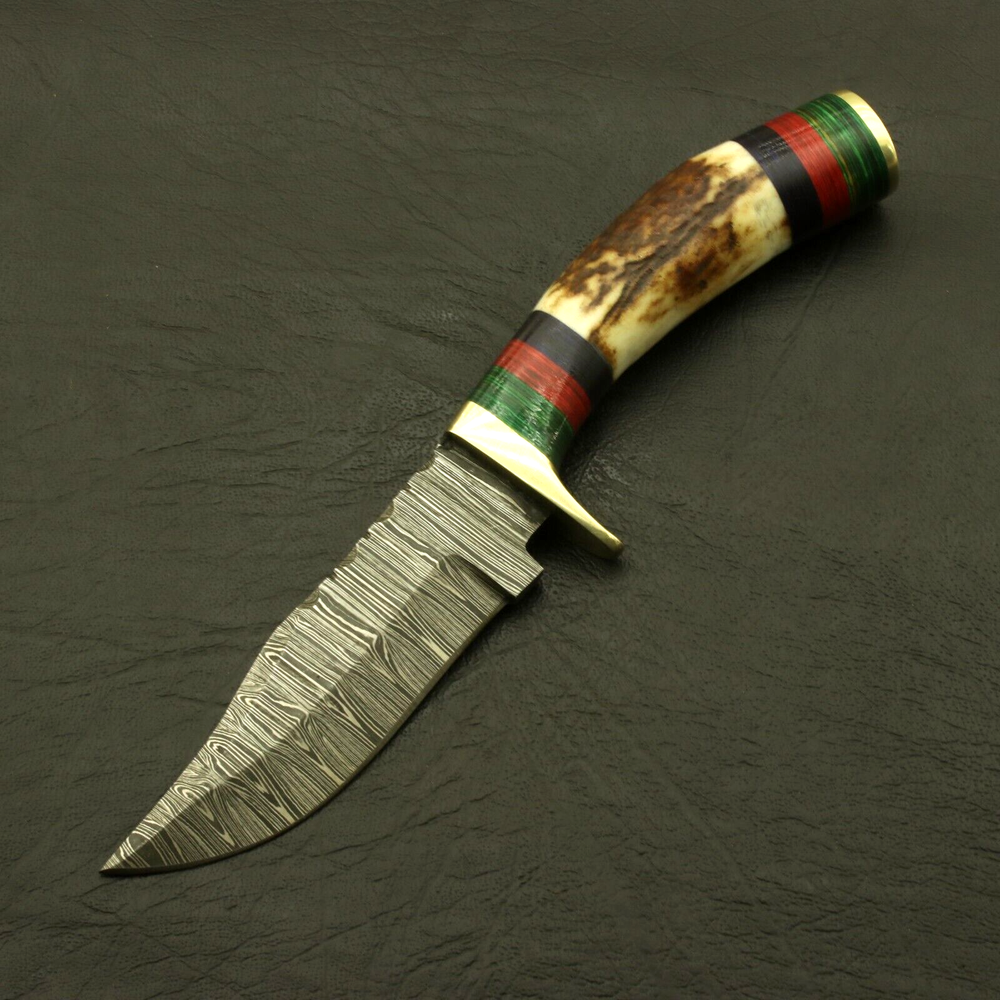 NYKNIVES HANDMADE DAMASCUS CUSTOM STAG/ANTLER FIXED BLADE HUNTING KNIFE/BRASS