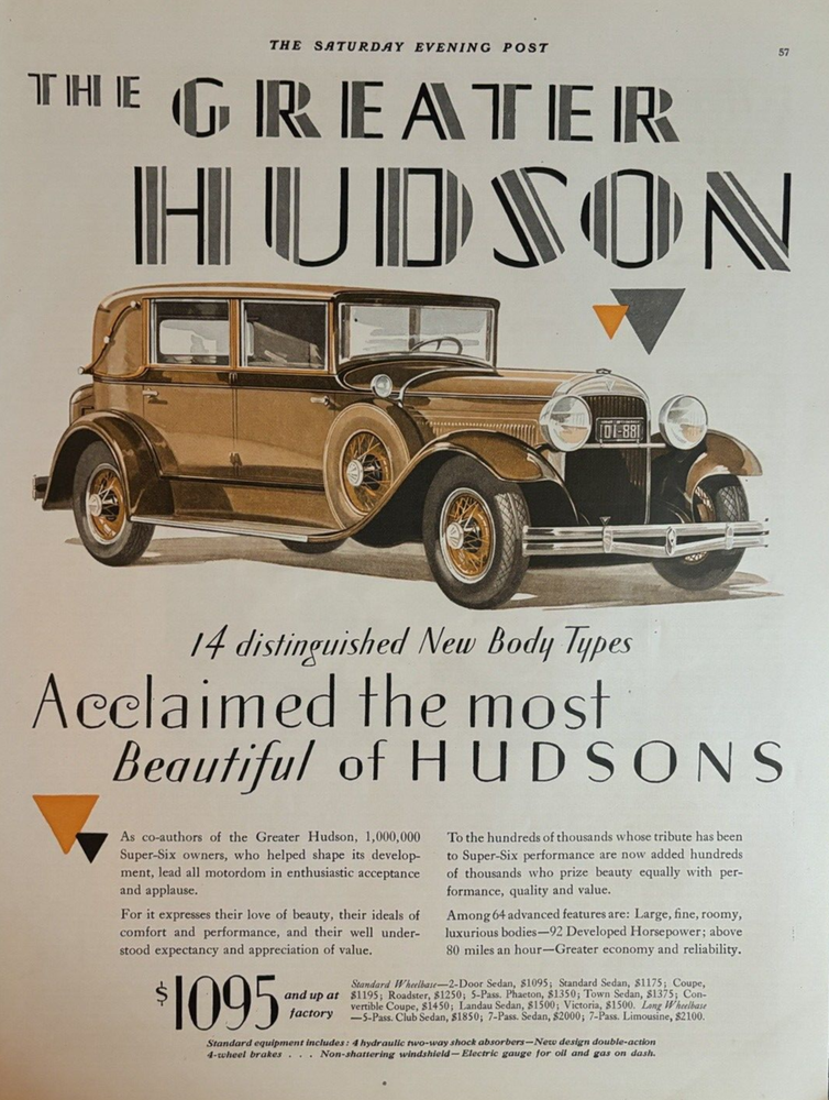 1929 Greater Hudson Automobile 14 Body Types 7 Passenger Sedan Vintage Print Ad