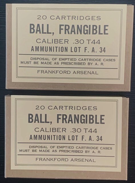 FRANKFORD  WWII  BALL  FRANGIBLE  CAL. .30  T44  NEW REPLICA 20 ROUND AMMO BOXES