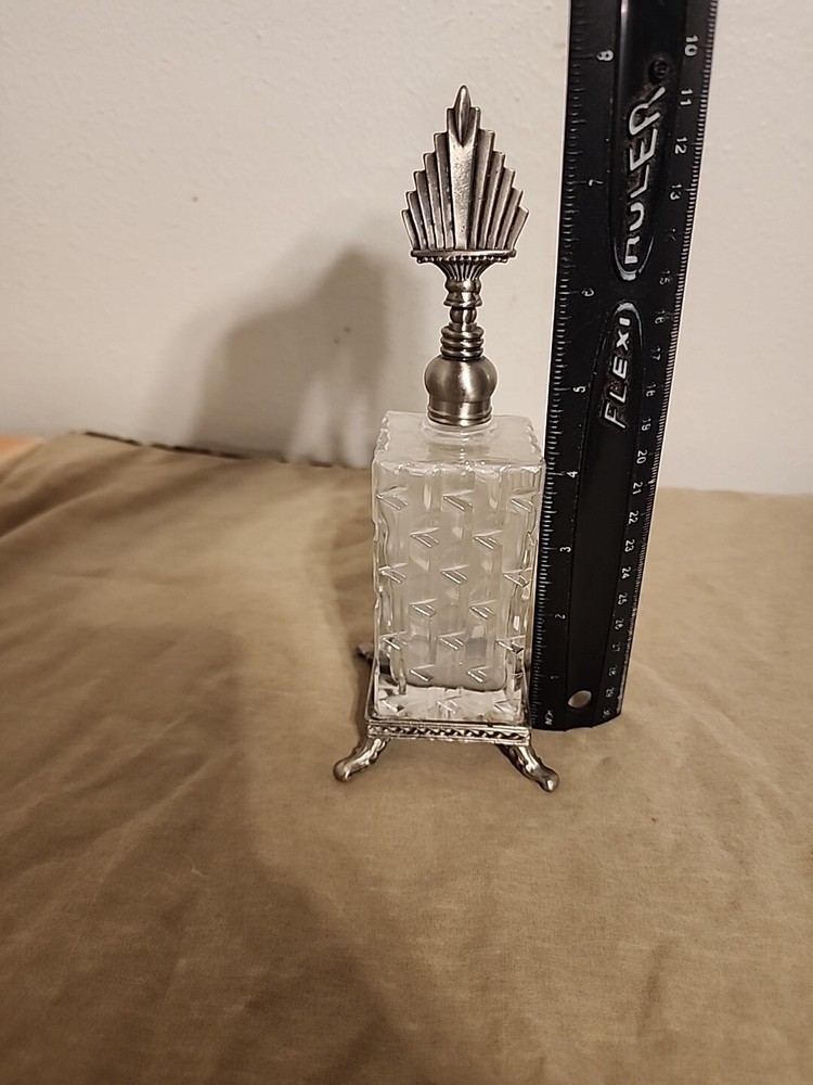 Elegant Glass & Silvertone Footed Perfume Bottle-image