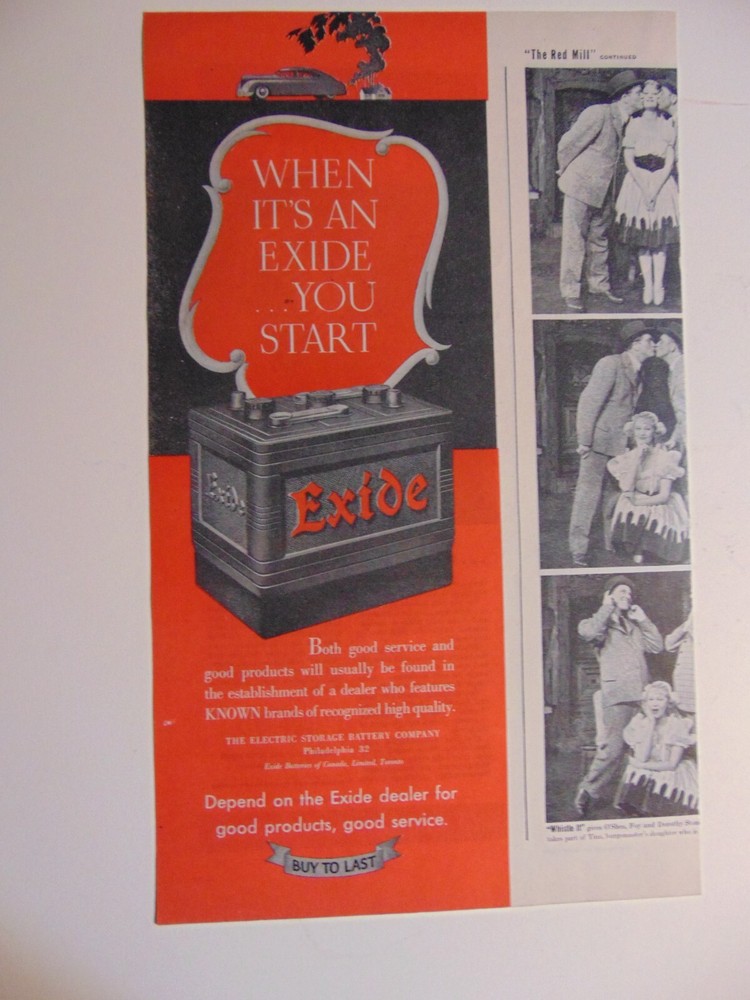 1945 When It's An EXIDE CAR BATTERY YOU START! vintage print ad
