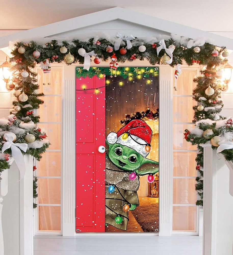 Funny Christmas Door Cover Cute Baby Yo-da Christmas Door Sign Banner Star Fu...