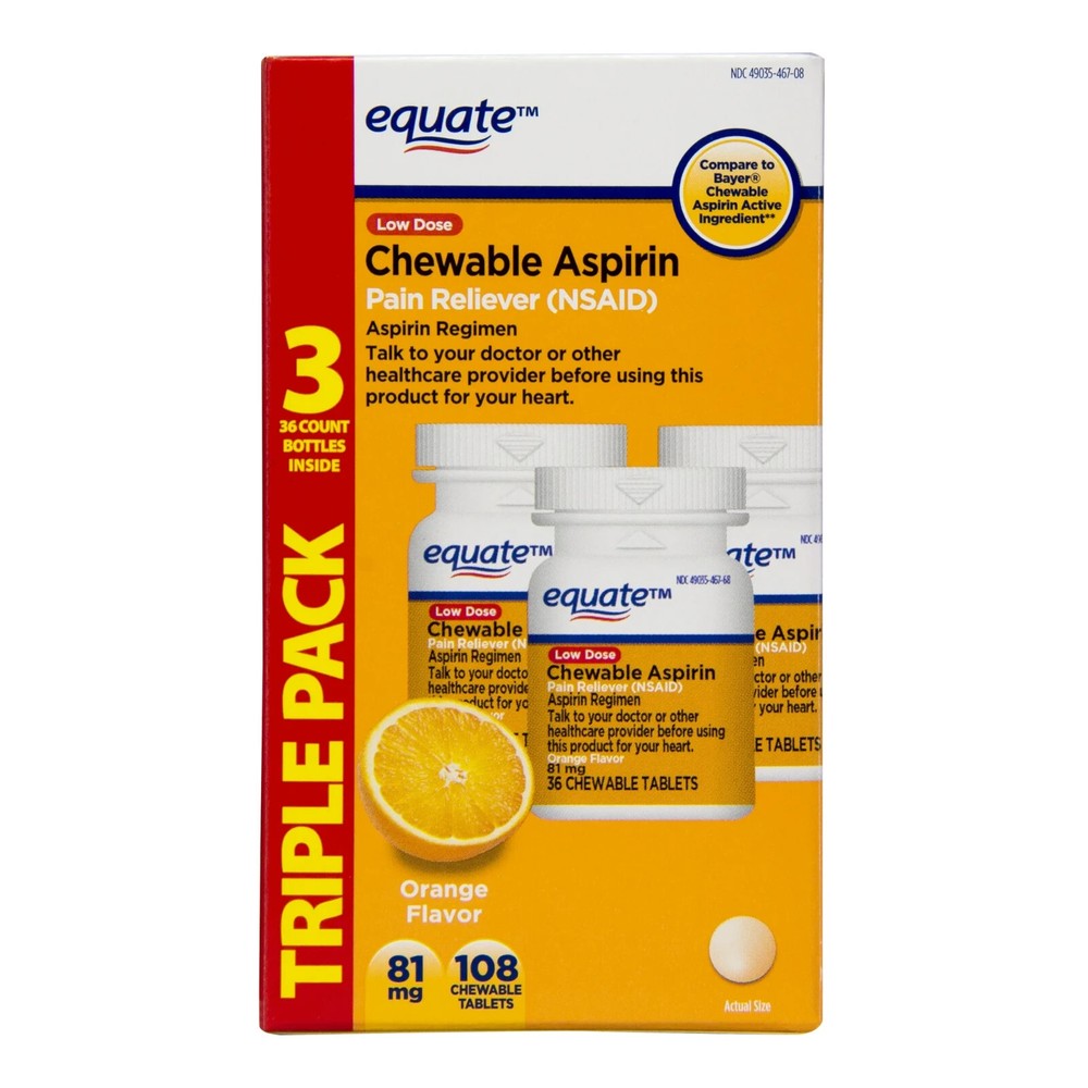 Equate Low Dose Chewable Aspirin 81 mg Tablets, Orange Flavor, 3x 36 Count