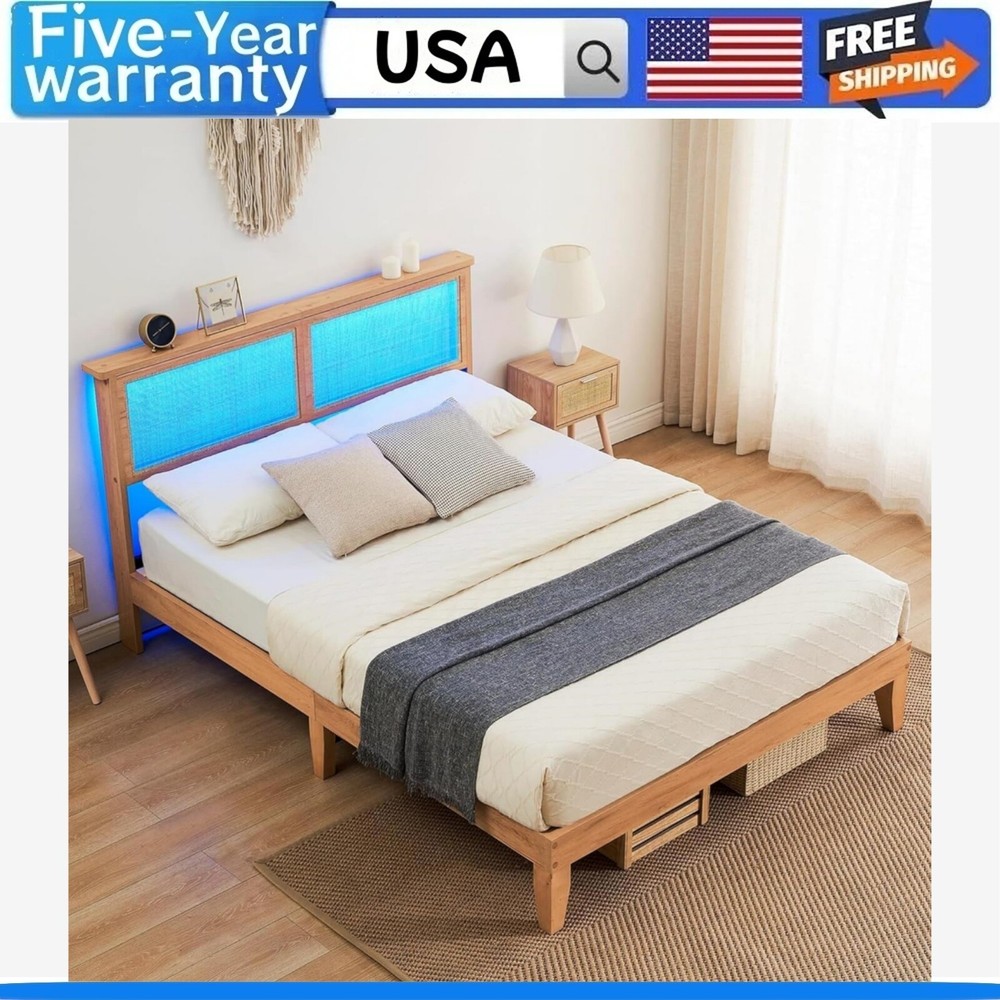 9️⃣Full/Queen Rattan Bed Frame Headboard and LED Lights W/Wooden Slats Support