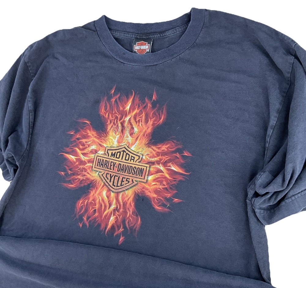 Vintage Harley Davidson T-Shirt Y2K Flames Fire Logo Texas Motorcycles Men 2XL