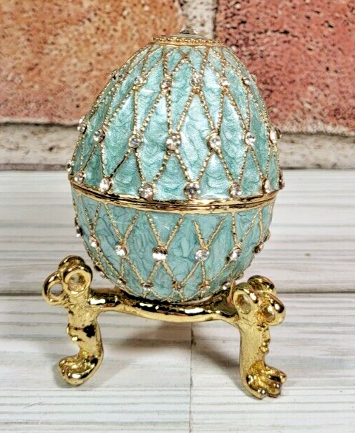 Russian Faberge Egg Replica Made Russia Turquoise & Gold Netting Jewelry AKM
