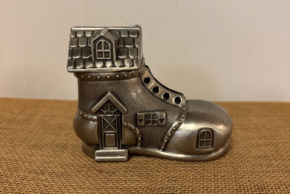 Whimsical Boot-Shaped Coin Bank House Design Metal Collectible Decor