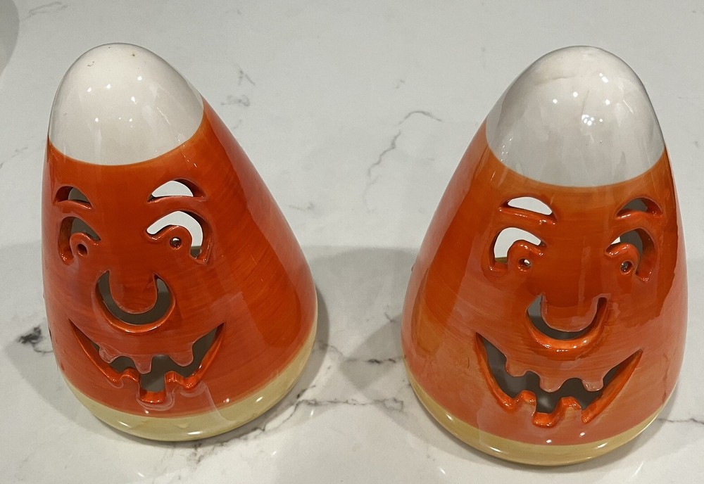 Set Of 2 Candy Corn Jack-O-Latern Tea Light Holder Halloween Decor