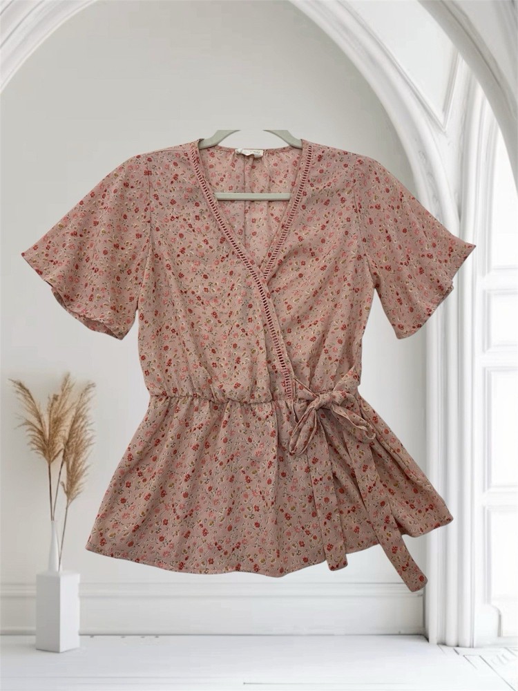 Sienna Sky Pink Floral Faux Wrap Peplum Top Women’s Size Small Tie Waist