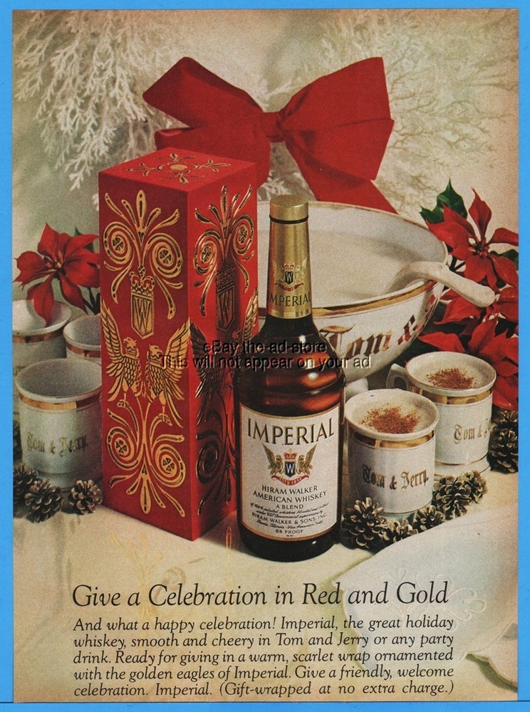 1974 Hiram Walker Imperial Whiskey Holiday Gift Box Ad Red Gold Vintage