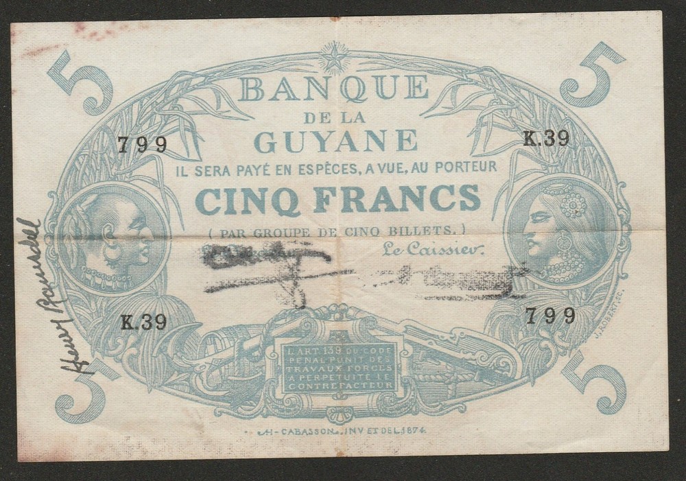 1922/47 FRENCH GUYANE 5 FRANC NOTE