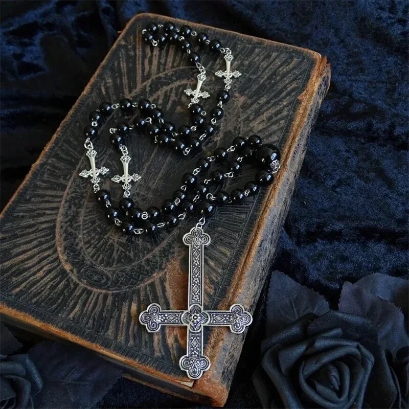Black Gothic Rosary Inverted Cross Charm Satanic Devil Pendant Necklace Jewelry