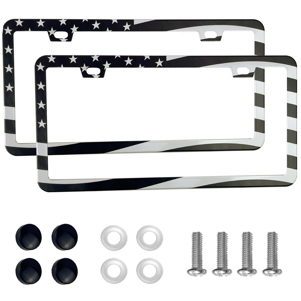 2PCS Premium American Flag License Plate Frame Black License Plate Frames 2 H...