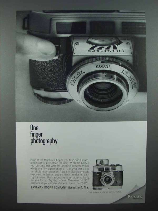 1963 Kodak Motormatic 35F Camera Ad Featuring One-Finger Operation