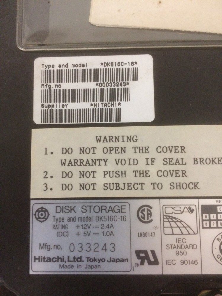 Hitachi, LTD. Model DK516C-16 Disk Storage Unit - Hard Disk - New - Old Stock