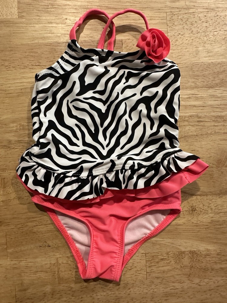 Op Girl 2 Piece Bathing Suit Coral White Black Zebra Print Sz:18M Pink ChestRose