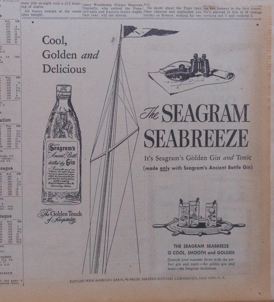 1953 newspaper ad for Seagram's Ancient Bottle Gin - Seabreeze Cocktail, Golden