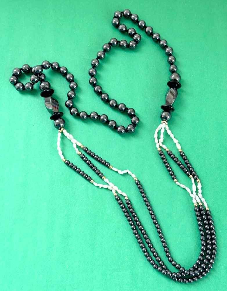 Knotted White Freshwater Pearl Grey Glass Hematite Vintage Necklace