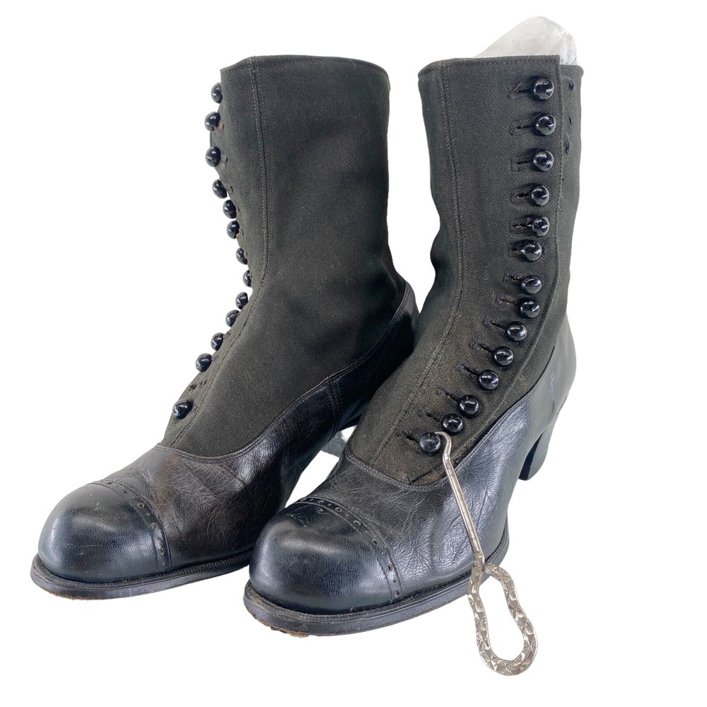 Victorian Edwardian Antique Boots Black Leather Cap Toe Block Heel Button Hook