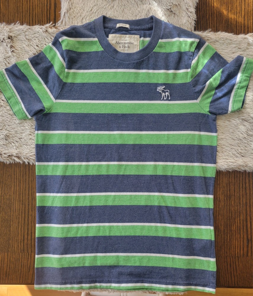 Abercrombie & Fitch Muscle Shirt Adult Large Blue Green Stripe Moose Logo Mens-image