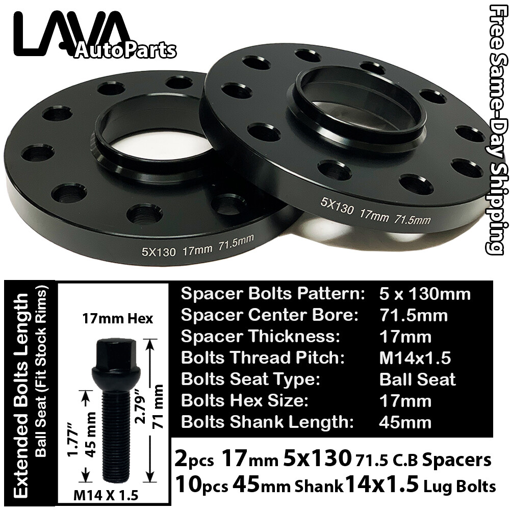 2PC 17MM THICK 5X130 71.5MM C.B WHEEL SPACER+14X1.5 BOLT FIT AUDI VW PORSCHE
