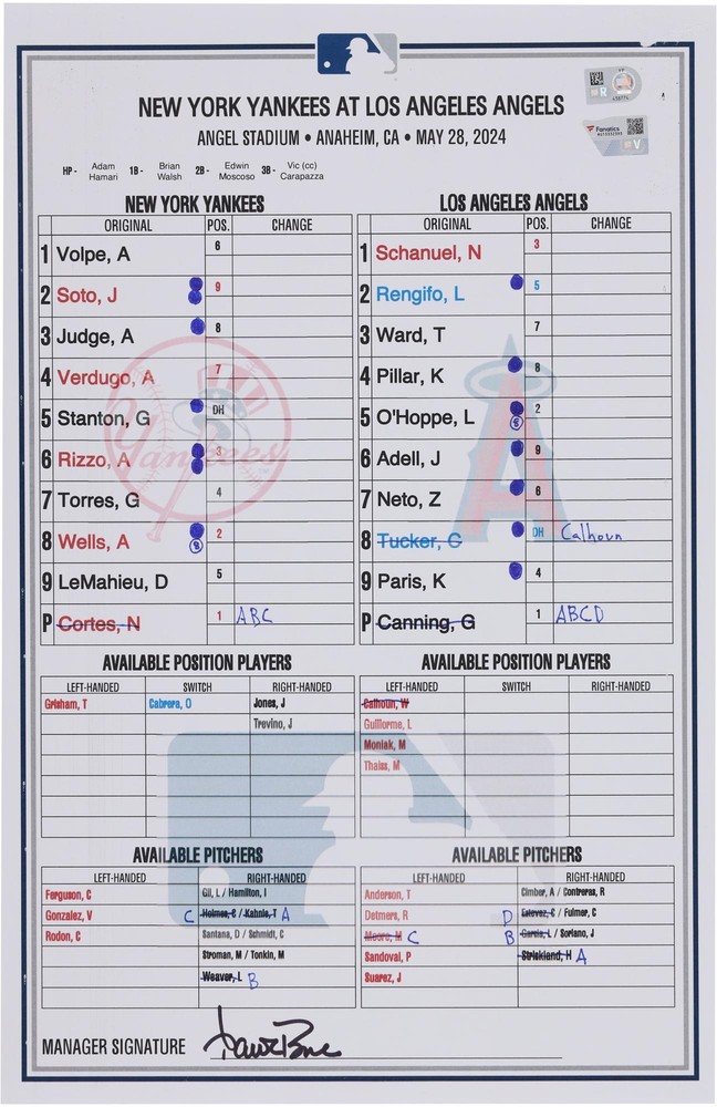New York Yankees Game-Used Lineup Card vs. Los Angeles Angels on May 28, 2024