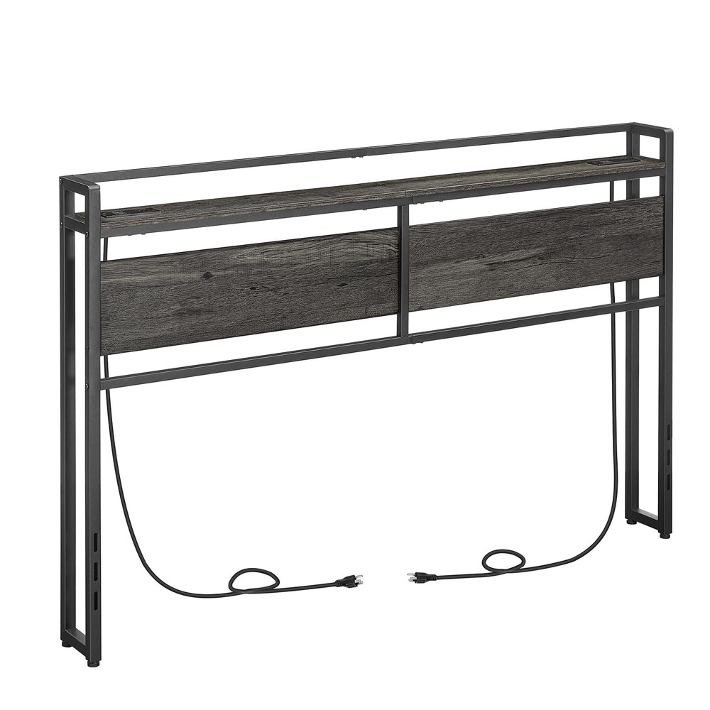 Queen Size Headboard with USB Ports, Adjustable Height & Storage Rack - Charcoal