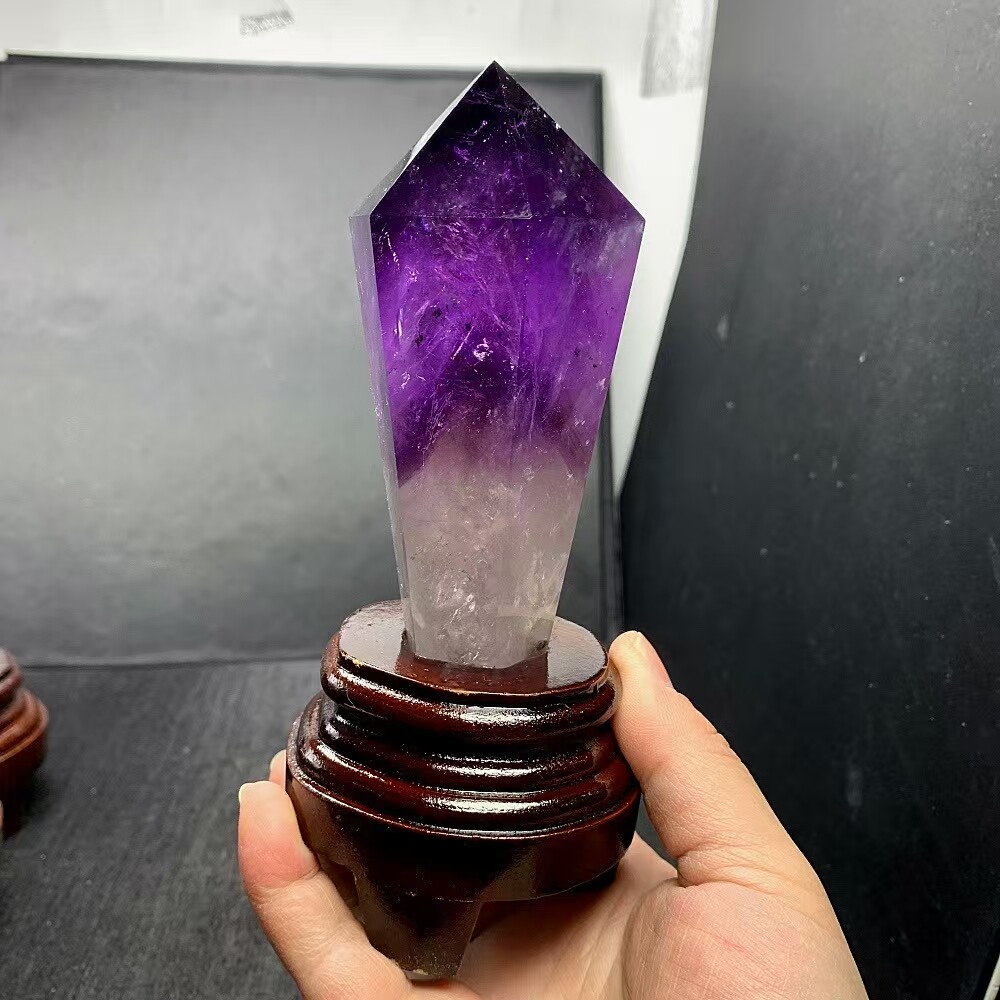 0.91LB Natural Amethyst Quartz Obelisk Tower Point Wand for Reiki with Stand