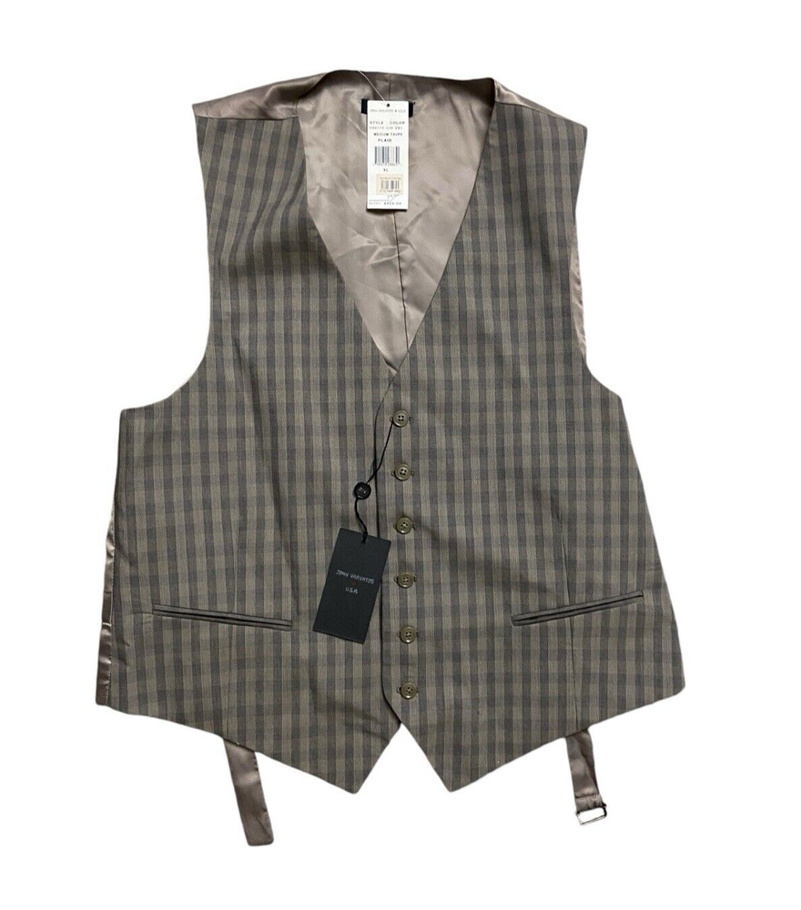 NEW John Varvatos Gibson Taupe Dress Vest Mens XL Brown Plaid Wool Button Front