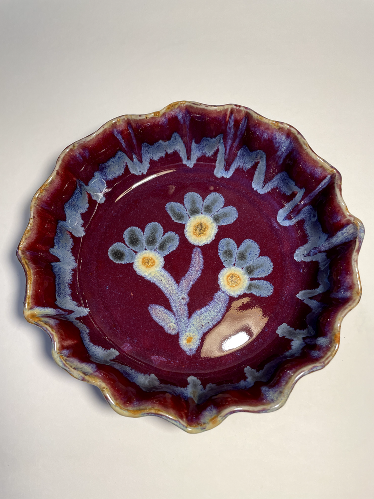 Hand Painted,Studio Pottery, Stoneware, Signed, Floral Quiche, Pie, Torte Plate