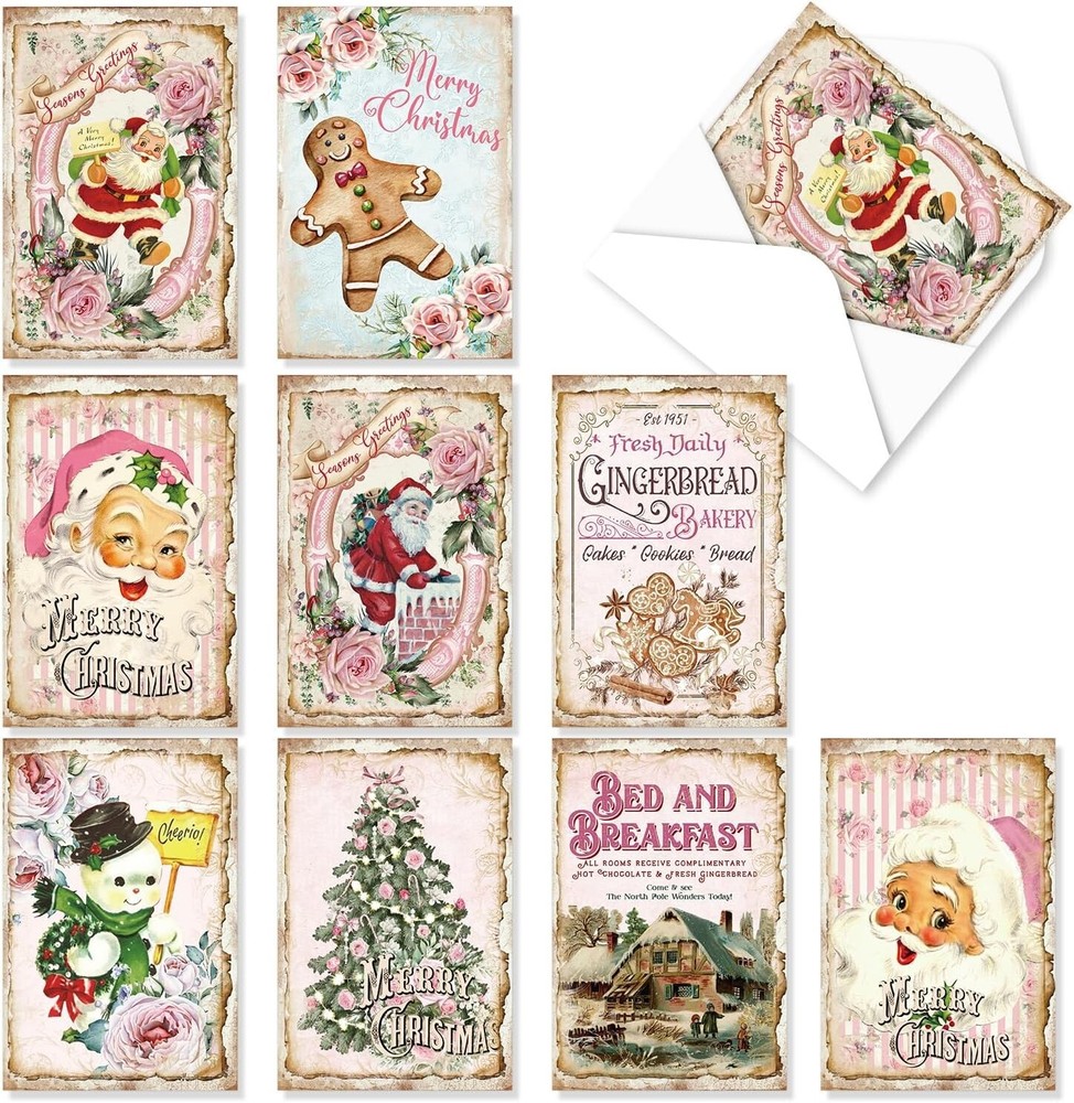 Vintage Pink Christmas Cards Bulk 27PCS Snowman Santa Holiday Greetings