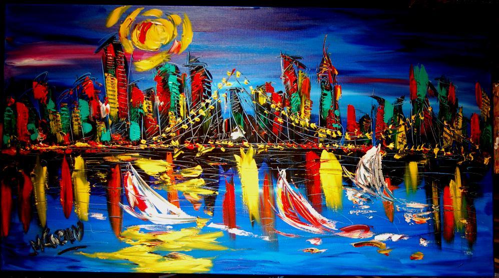MANHATTAN BLUE   ORIGINAL OIL Painting  Stretched Canvas Modern AbstrERTHct