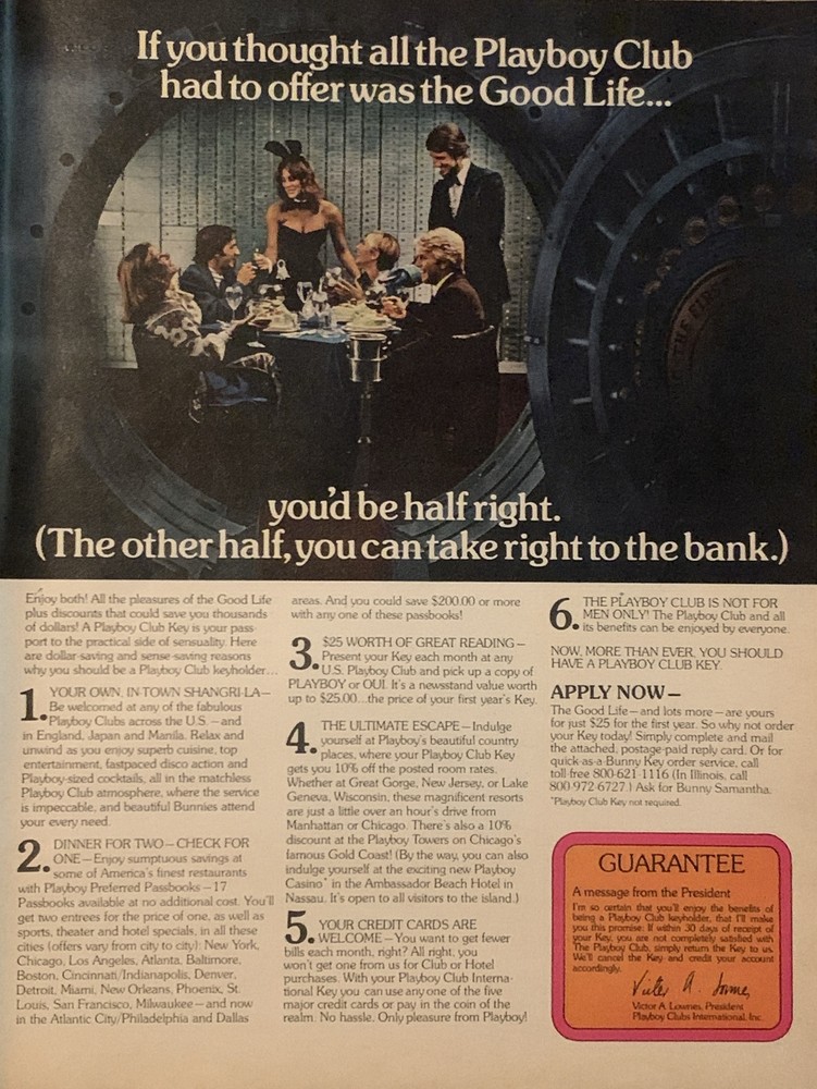 1979 Playboy Club Key VTG 70s PRINT AD Bunny Bank Vault - Good Life Half Right-image