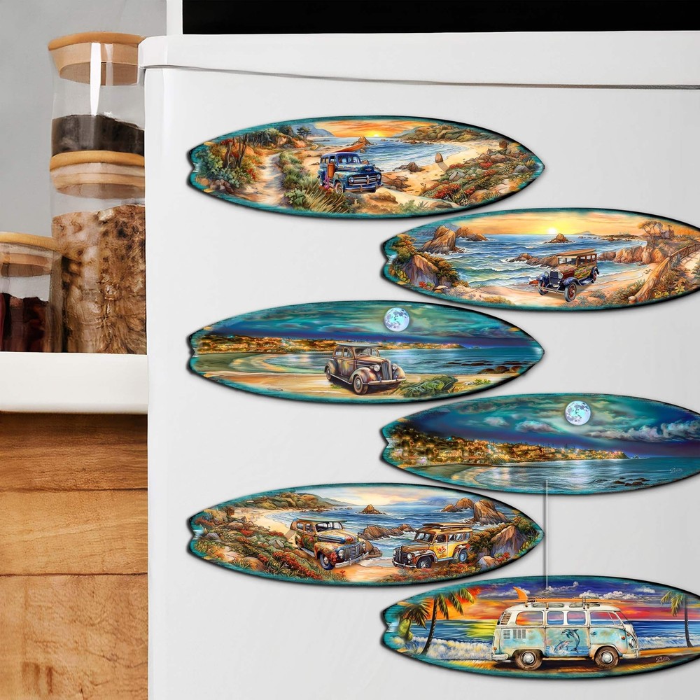 Ocean View Surfboards Decorative Wooden Magnets Set of 6 by G. Debrekht - Coasta