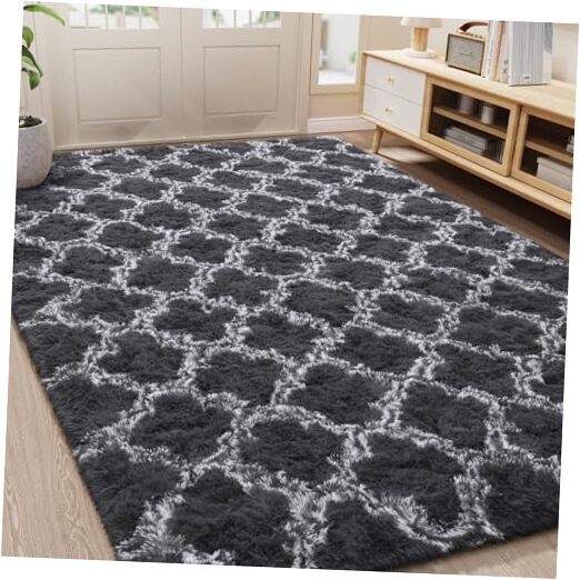 LOCHAS Luxury Shag Area Rug Geometric Plush Fluffy 5x8 Feet Dark Grey/White
