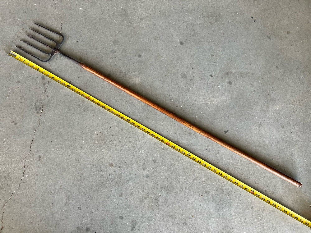 Vintage Fishing Spear Iron Barbed Trident Gaff with Wood Shaft