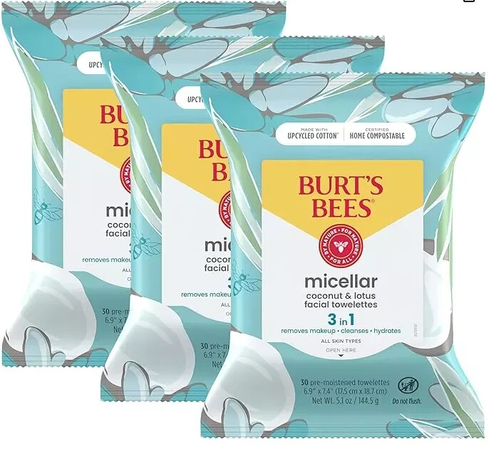 (3) Pack Burt's Bees Micellar Coconut & Lotus Makeup Remover Towelettes